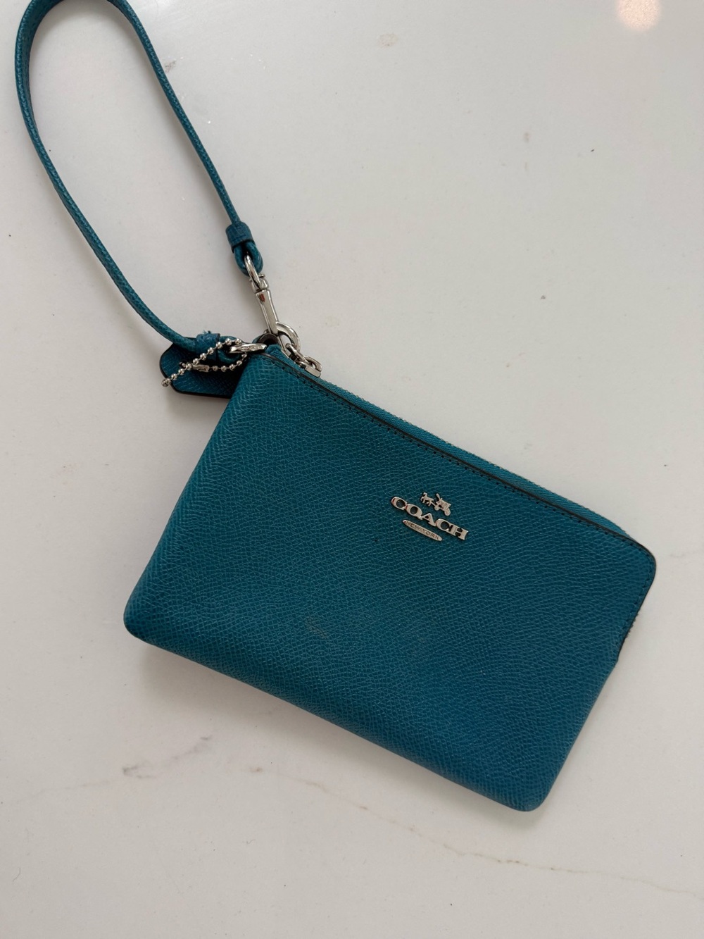 Coach Teal Leather Wristlet with Silver Hardware